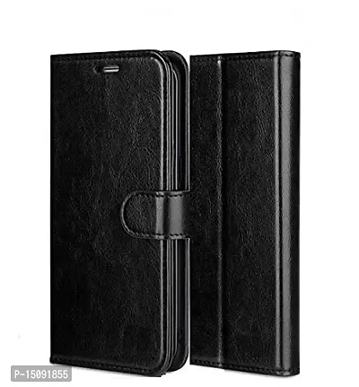 Nkarta Leather Finish Flip Cover Back Case for Realme C2|Inbuilt Stand  Inside Pockets| Wallet Style | Magnet Closure (Black)-thumb0