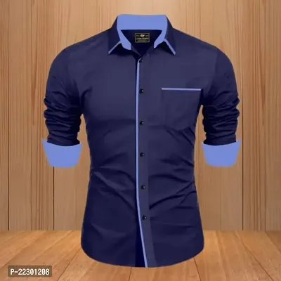 Stylish Navy Blue Cotton Solid Long Sleeves Casual Shirt For Men-thumb0