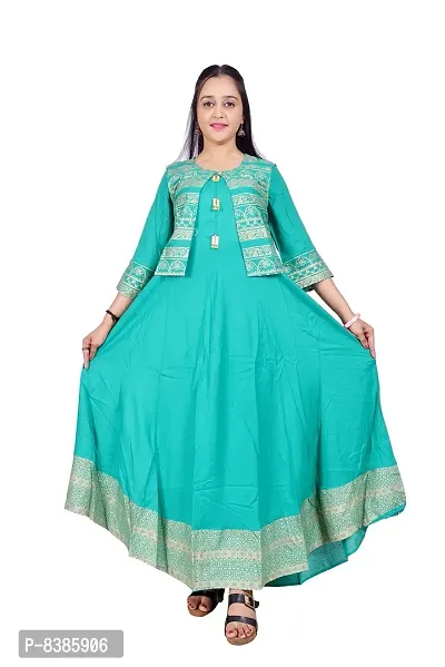 Priyank Fashion Women Rayon Printed Anarkali Kurti with Jacket/Bollywood Designer Long Kurti with Jacket Gown Dresses/Flared Kurta with Jacket Under 500/kurti Jacket Set for Ladies (Turquoise_XXL)