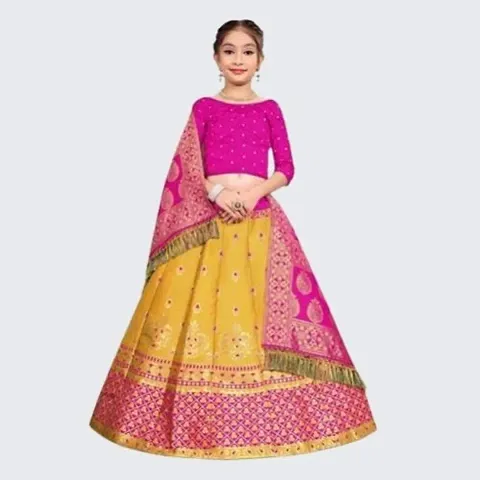 SAT CREATION Girl's Pure Silk banarashi Semi-stitched Lehenga Choli (7-8 Years, blue-yellow)