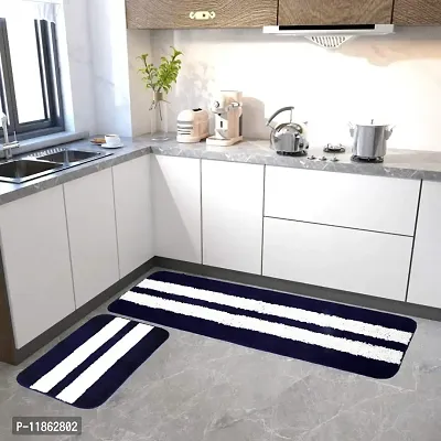 Eden Livinng Luxury Anti Skid Microfiber Door Mat Combo| Runner for Your Kitchen, Home, and Office -Set of 2, Runner (Blue Stripes)