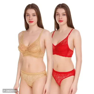 Cloud Dove Women's Combo2 Cotton Bra and Panty Set | Beautiful Combo2 Red,Gold Lingerie Set-thumb0