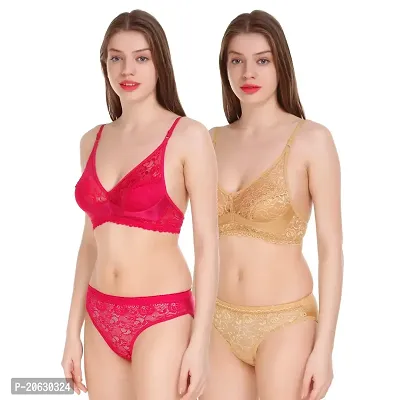 Cloud Dove Women's Combo2 Cotton Bra and Panty Set | Beautiful Combo2 Red,Gold Lingerie Set-thumb0