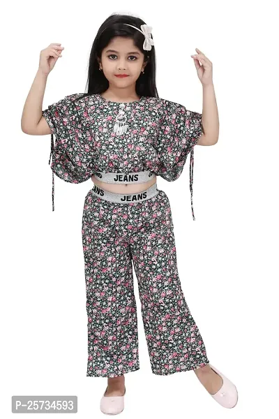 SS Collection Cotton Blend Casual Printed Crop Top and Pallazzo Set for Girls Kids-thumb0