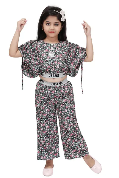 SS Collection Cotton Blend Casual Printed Crop Top and Pallazzo Set for Girls Kids