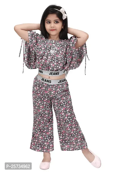 SS Collection Cotton Blend Casual Printed Crop Top and Pallazzo Set for Girls Kids-thumb0