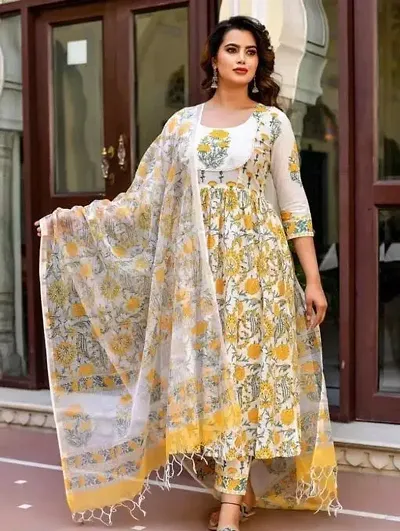 Womens Printed Anarkali Kurta And Pant Set With Dupatta