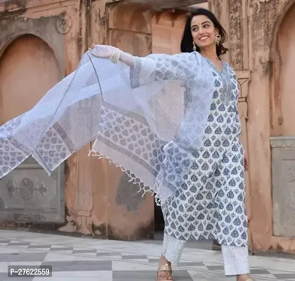 Womens Block Printed White Kurta And Pant Set With Printed Dupatta