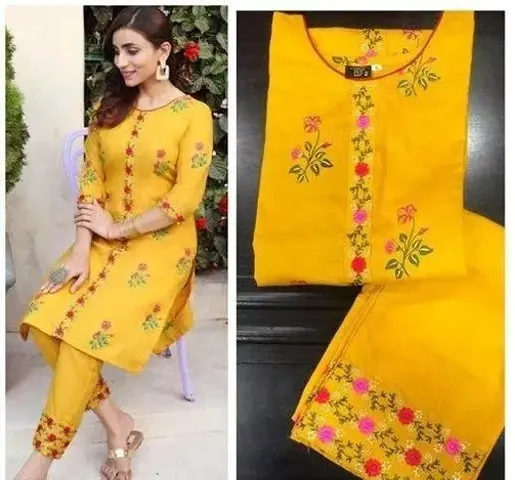 Rayon Embroidered Kurtis with Cotton Palazzo Set