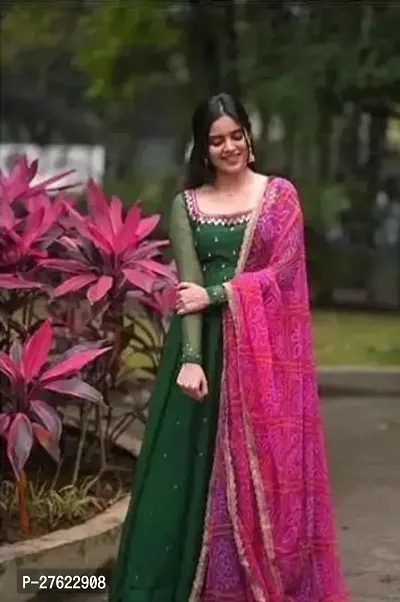 Beautiful Indo-western Green Embroidered Georgette Gown-thumb0