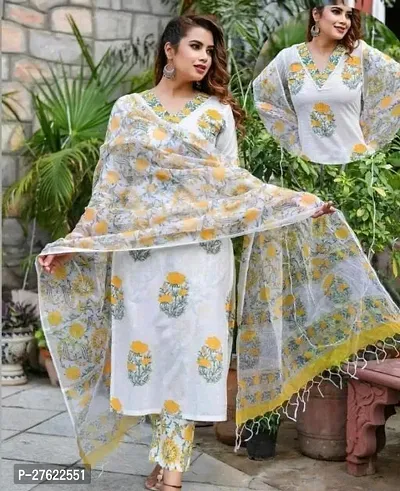 Womens Block Printed Pure Kurta And Pant Set With Dupatta-thumb0