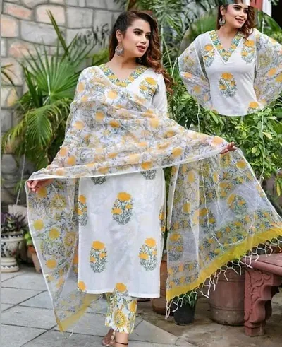 New Trendy Cotton Kurta set with Dupatta