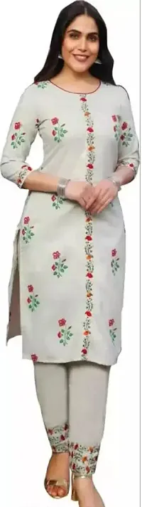 Cotton Embroidered With Floral Printed Straight Kurti With Pant Set