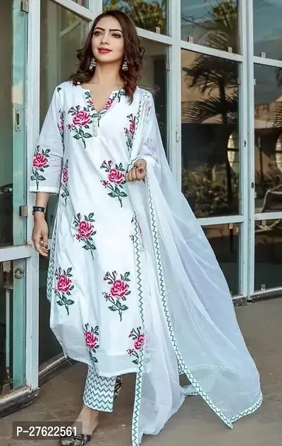 Womens White Floral Printed Kurta Pant Set With Dupattas