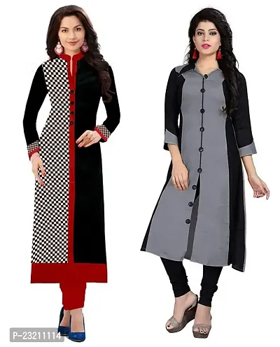 RAMDEV Women's Cotton Straight Kurta (Pack of 2) (RMD CHECKSGREY_Multi_Free Size)-thumb0