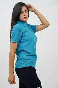 BAZARVILLE Branded Women's Regular Fit Collar T Shirts Plain Solid Design Cotton Blend Polo T Shirt for Girls Without Pocket for Casual wear in Summer  Winter - Teal Colour - Pack of 1-thumb2