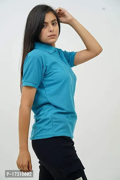 BAZARVILLE Branded Women's Regular Fit Collar T Shirts Plain Solid Design Cotton Blend Polo T Shirt for Girls Without Pocket for Casual wear in Summer  Winter - Teal Colour - Pack of 1-thumb3