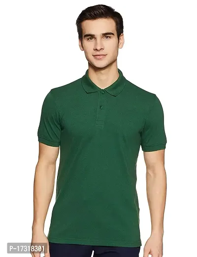 BAZARVILLE Branded Men's Regular Fit Collar T Shirts Plain Solid Design Cotton Blend Polo T Shirt for Boys Without Pocket for Casual wear in Summer  Winter - Bottle Green Colour - Pack of 1-thumb0