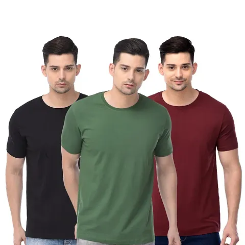 Branded Solid Regular Fit T shirts For Men Boys 100% Pure Slim Fit T shirts Half sleeve for Casual Wear In Summer - Weed Green- Pack Of Three