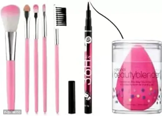 Soft Bristles 5 Pcs Makeup Brushes Set With 36H Liquid Eyeliner and 1 Blender Puff