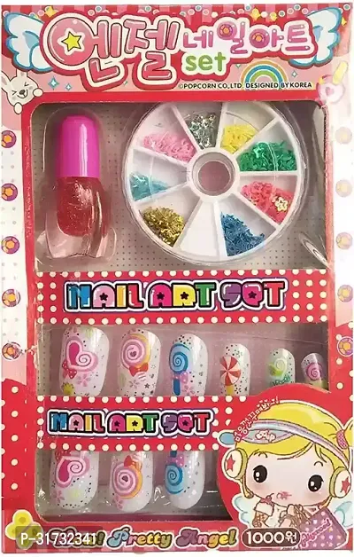 Different Colored Attractive Baby Artificial Nails With Polish l Nail Art Kit for kids Girl's Multicolor Pack 1 l-thumb0