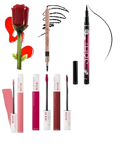 Liquid Sindoor 36 H Water Proof Eyeliner  Eyebrow Pencil with Brush Liquid Lipstick Combo Pack of 6