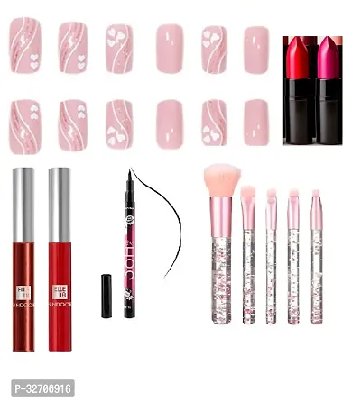 Designer Nail Extension ( Pack of 12 nails ) , Matte Lipstick, Liquid  Sindoor, 36 H waterproof Eyeliner   Makeup Brush Set Pack of 7