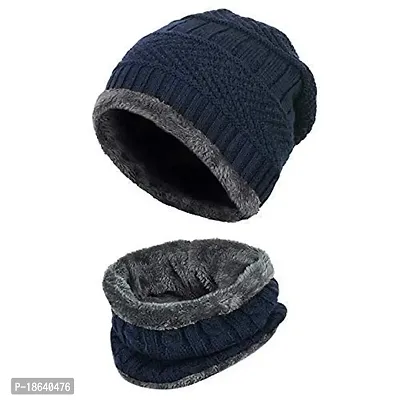 YOVIEX Winter Woolen Unisex Beanie Knitted Cap with Neck Warmer and Fur Fleece Lined| - 1 Set Multicolour-thumb0