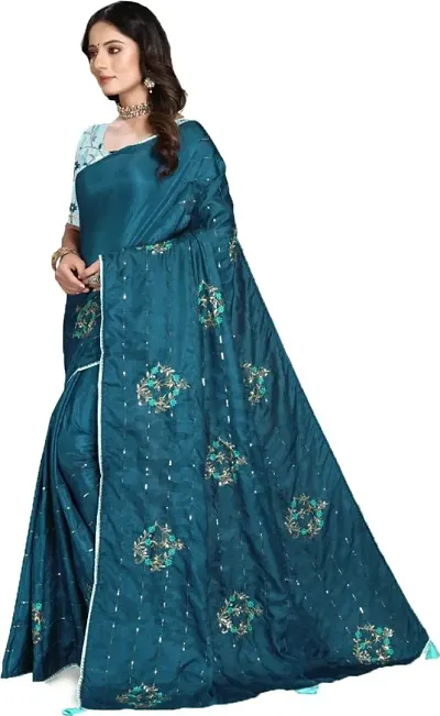 Alluring Silk Blend Embroidered Sarees with Blouse Piece