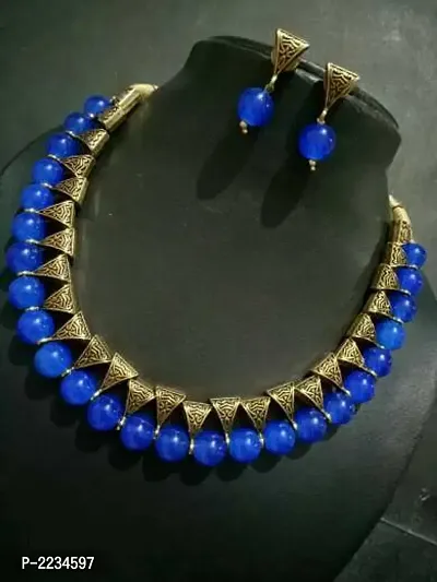 oxidized blue glass beads necklace