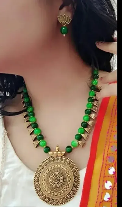 Trendy Beaded Necklace Set With Oxidised Pendant