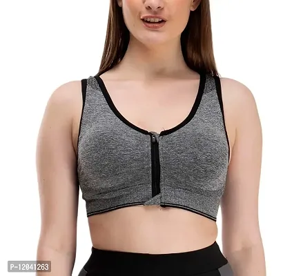 DREAM ND Women's/Girl's Front Zipper Lightly Padded Non-Wired Sports Bra with Removable Pads (30, Grey)