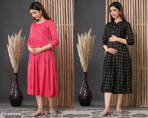 Elegant Pink And Black Printed 3/4 Sleeve Maternity Kurta For Women- Pack Of 2-thumb0