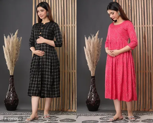 Elegant Black And Pink Printed 3/4 Sleeve Maternity Kurta For Women- Pack Of 2