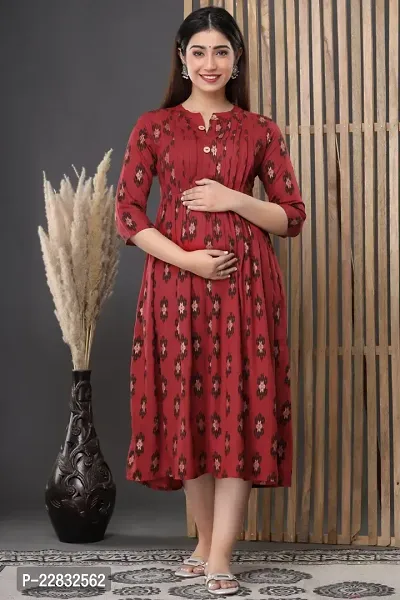 Elegant Maroon Printed 3/4 Sleeve Maternity Kurta For Women