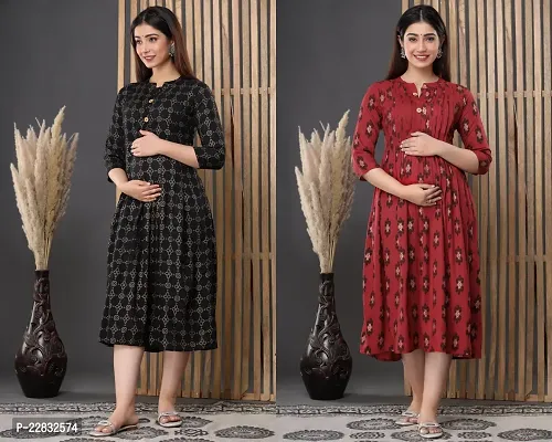 Elegant Black And Maroon Printed 3/4 Sleeve Maternity Kurta For Women- Pack Of 2