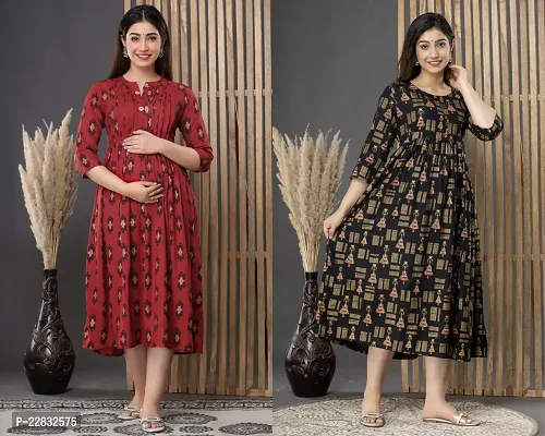 Elegant Maroon And Black Printed 3/4 Sleeve Maternity Kurta For Women- Pack Of 2