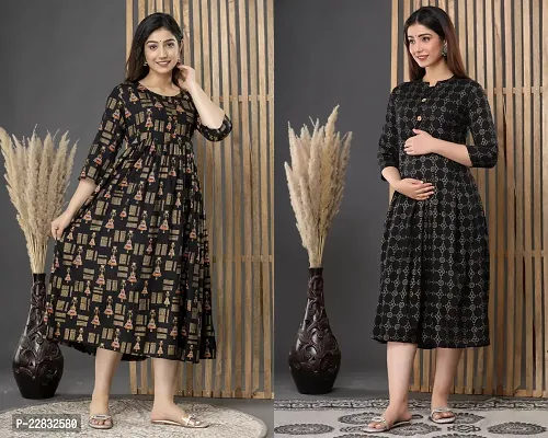 Elegant Black Printed 3/4 Sleeve Maternity Kurta For Women- Pack Of 2