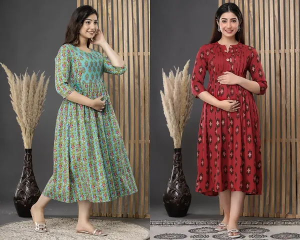 Elegant Cotton Blend Printed 3/4 Sleeve Maternity Kurta - Pack Of 2