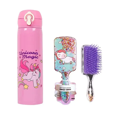 GJSHOP Unicorn Character Insulated Stainless Steel Water Bottle for Kids/Teenagers 500 Milliliters, Pink with Kids hair brush comb (Combo)