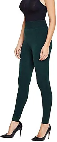 OMLAVIDA Women's Fleece Lined Winter Imported Super Quality Fur Leggings High Waisted Thermal Tights Elastic Comfortable Warm Yoga Pants Without Pockets (L, Green)-thumb1