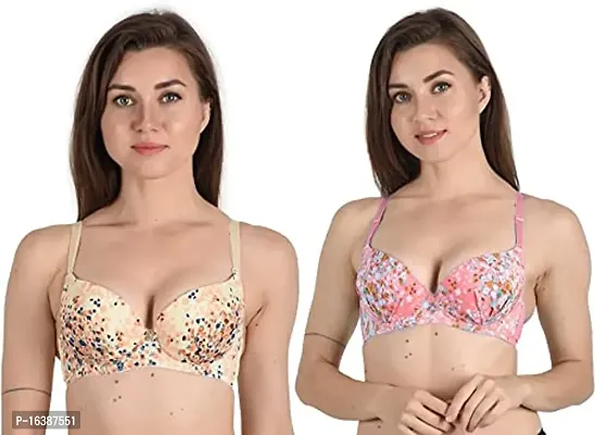 Women's Printed Poly Cotton Padded Underwired Push-Up Bra - Beige + Pink