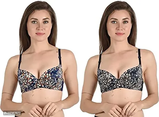 Women's Printed Poly Cotton Padded Underwired Push-Up Bra (Black + Blue)