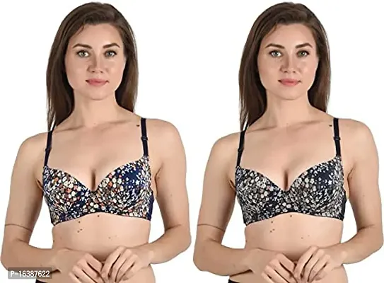 Women's Printed Poly Cotton Padded Underwired Push-Up Bra (Black + Blue)-thumb0