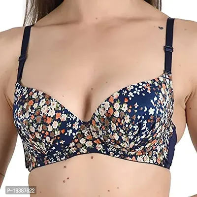 Women's Printed Poly Cotton Padded Underwired Push-Up Bra (Black + Blue)-thumb2