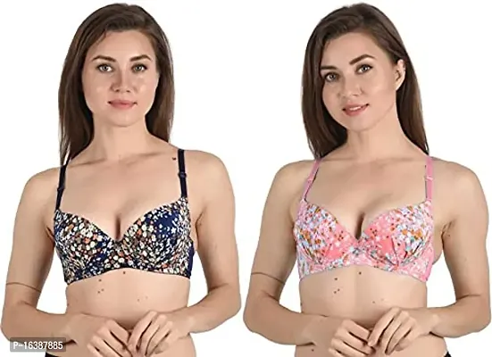 Women's Everyday Printed Bra Poly Cotton Padded Underwired Push-Up Bra (Blue + Pink)