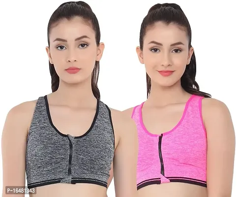 Women's Front Open Zipper Padded Sports Bra - Pack Of 2 - Black + Pink