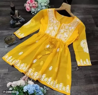 Flared Yellow Embroidered Cambric Cotton Short Kurta For Women-thumb0