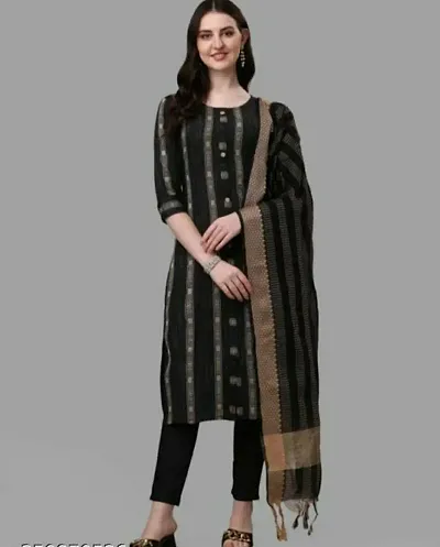 Stylish Cotton Blend Kurta, Bottom And Dupatta Set