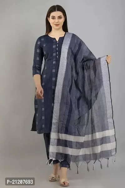 Stylish Fancy Designer Khadi Cotton Kurta With Bottom Wear And Dupatta Set For Women-thumb0